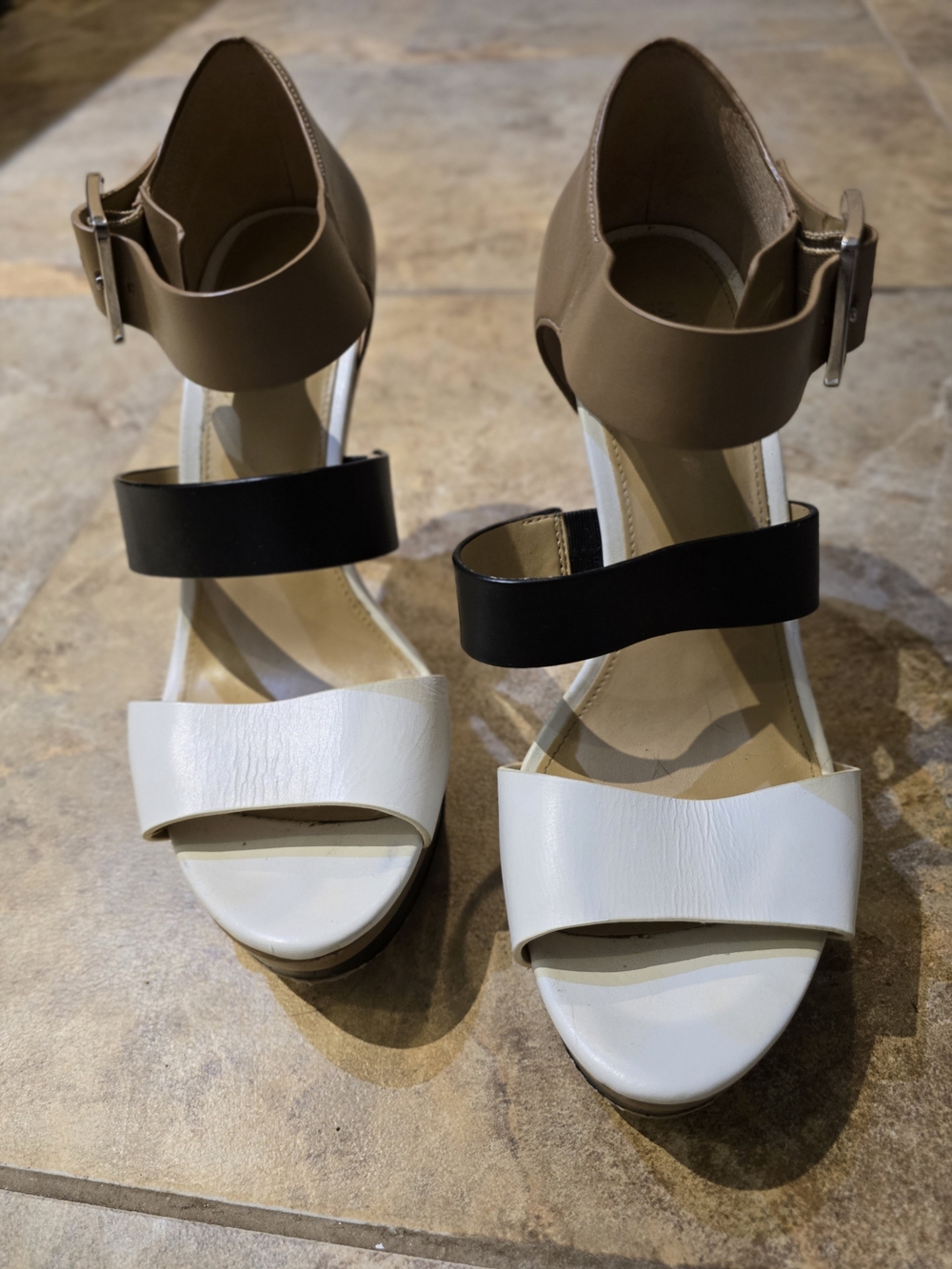 MICHAEL Michael Kors White, Black & Taupe Colorblock Strappy Heels